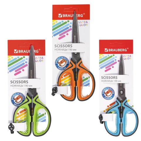 Ножницы 190мм. BRAUBERG "ULTRA COLOR", ассорти, резиновые ребристые вставки
