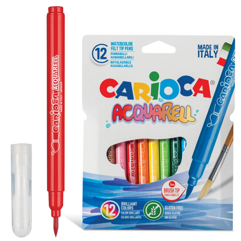 Фломастеры 12 цветов акварельные CARIOCA (Италия) "Aquarell", наконечник-кисть, смываемые