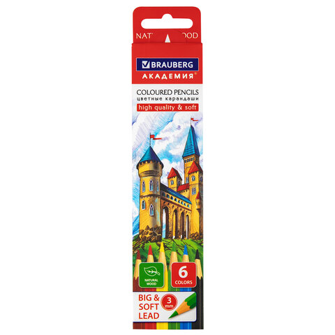 Карандаши цветные мягкие BRAUBERG АКАДЕМИЯ, 6 цветов, шестигранные, грифель 3 мм