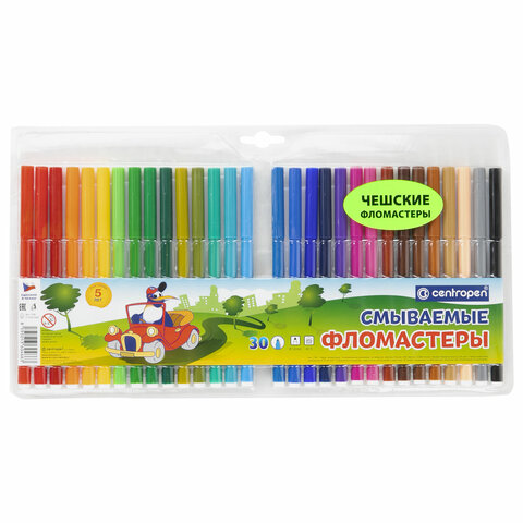 Фломастеры 30 ЦВЕТОВ CENTROPEN "Washable", смываемые, вентилируемый колпачок