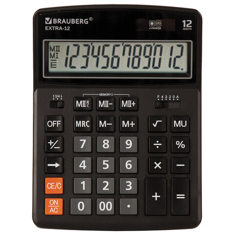 Калькулятор настольный BRAUBERG EXTRA-12-BK (206x155 мм), 12 разрядов, двойное питание