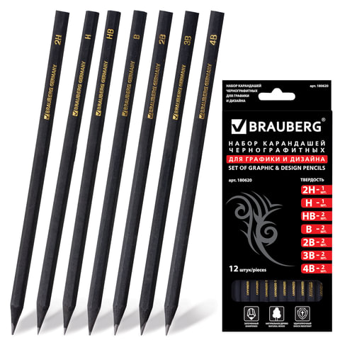 Карандаш BRAUBERG "Black Jack", 2Н-4В, без резинки, черные, дерево, заточенные