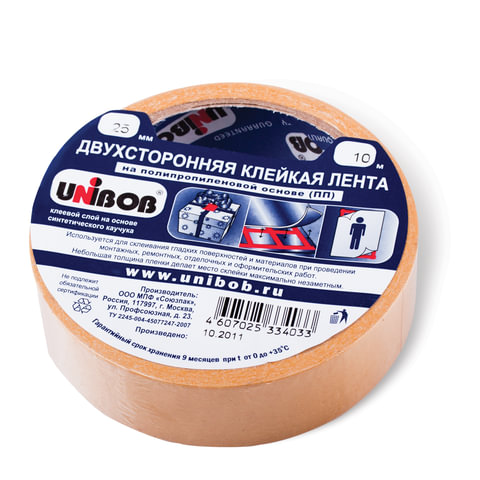 Скотч 25 мм х 10 м, двухсторонний ПОЛИПРОПИЛЕНОВАЯ ОСНОВА, UNIBOB