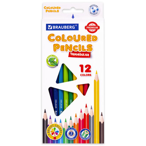 Карандаши 12 цветов, цветные пластиковые BRAUBERG PREMIUM,  трехгранные, грифель мягкий 3 мм