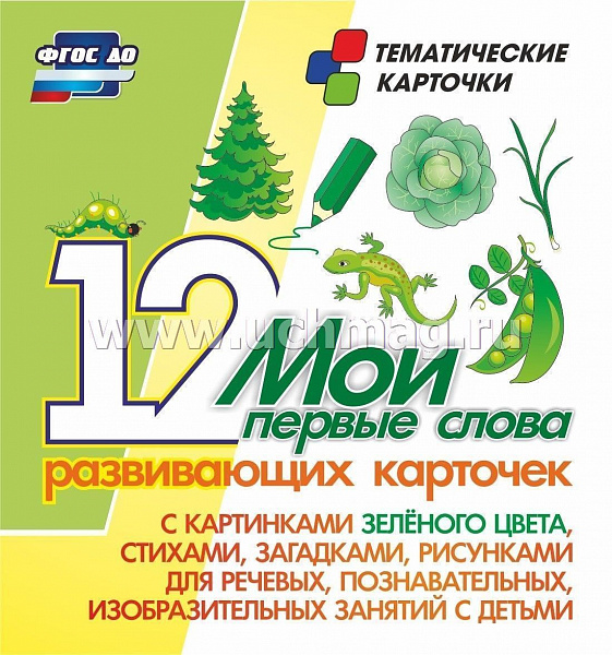 Мои перовые слова 12 развивающих карточек с картинками зеленого цвета, стихами, загадками, рисунками