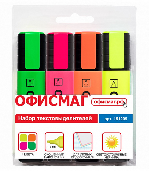Набор текстовыделителей ОФИСМАГ 4 шт., АССОРТИ, линия 1-5 мм