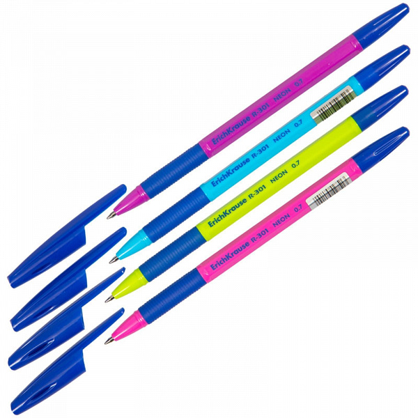 Ручка шар."ERICH Krause R-301 Neon Stick & Grip, узел 0.7 мм, чернила синие, резиновый упор