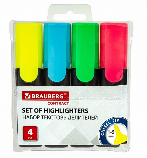 Набор текстовыделителей 4 ЦВЕТА BRAUBERG., АССОРТИ, "Contract", линия 1-5 мм