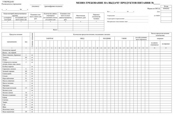 Меню-требование на выдачу продуктов питания №0504202, бланк А3  100 штук